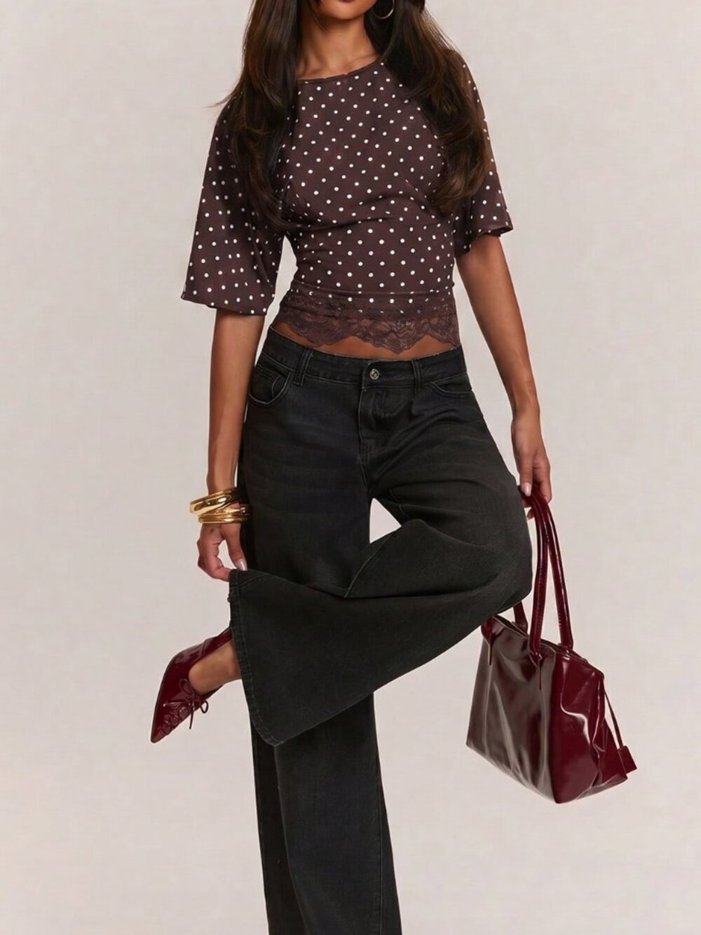 Coffee Brown Casual Women's Polka Dot Lace Patchwork T-Shirt